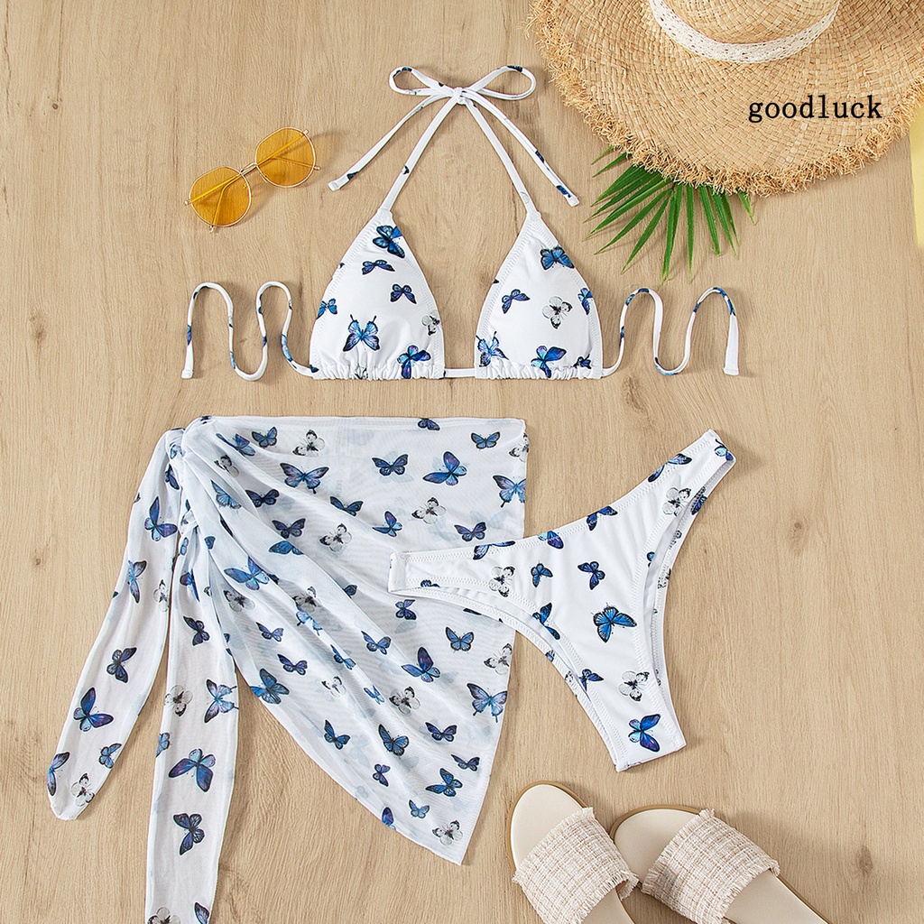 Bộ Đồ Bơi 3 Mảnh Hở Lưng Họa Tiết Bướm Thời Trang Cho Nữ