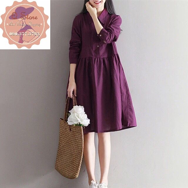 Đầm cổ sơ mi dáng xòe màu tím nho | BigBuy360 - bigbuy360.vn