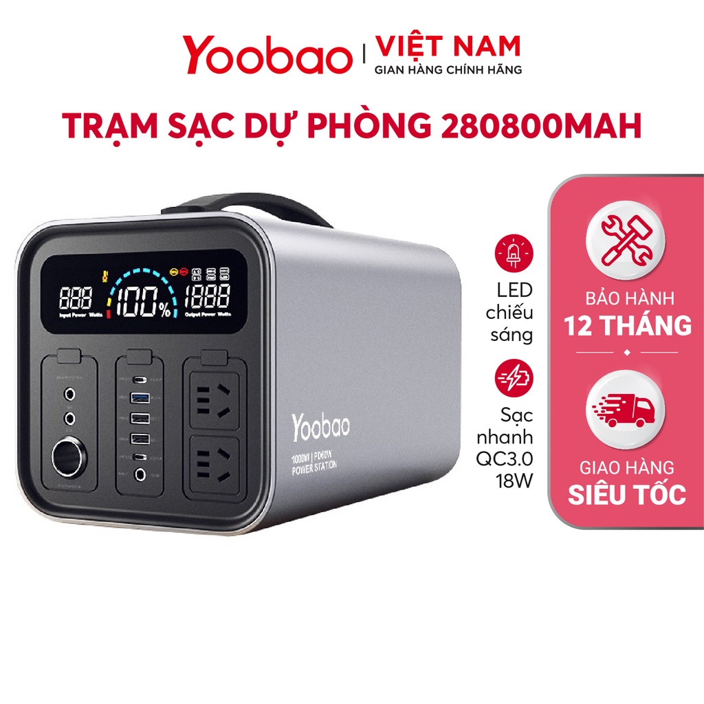 Trạm sạc dự phòng YOOBAO EN1000S dung lượng 280800mAh - Sạc nhanh PD60W 220V/1000W, màn hình LED Tích hợp đèn pin