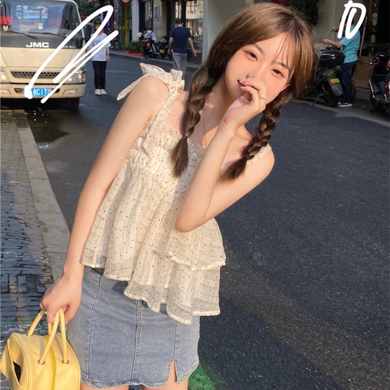 Áo Lửng Không Tay Họa Tiết Chấm Bi Thời Trang Mùa Hè Quyến Rũ Cho Nữ