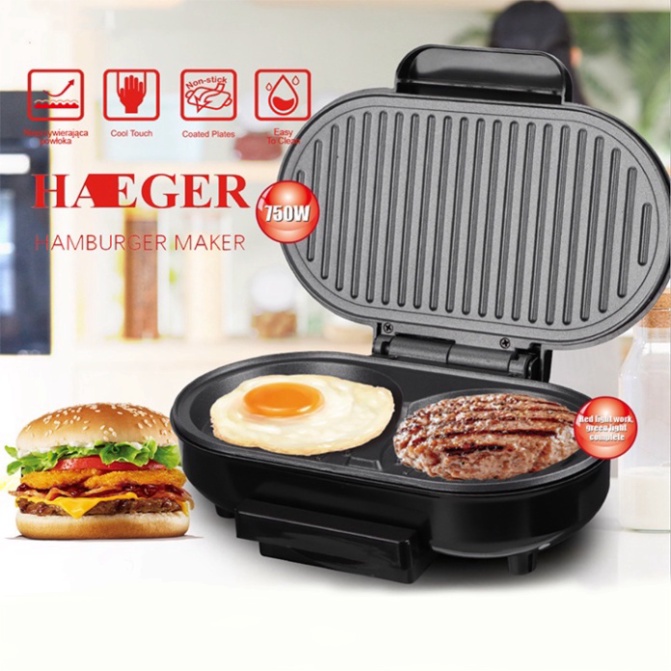 Máy nướng thịt làm bánh mì hamburger cao cấp HAEGER có ngăn đựng dầu