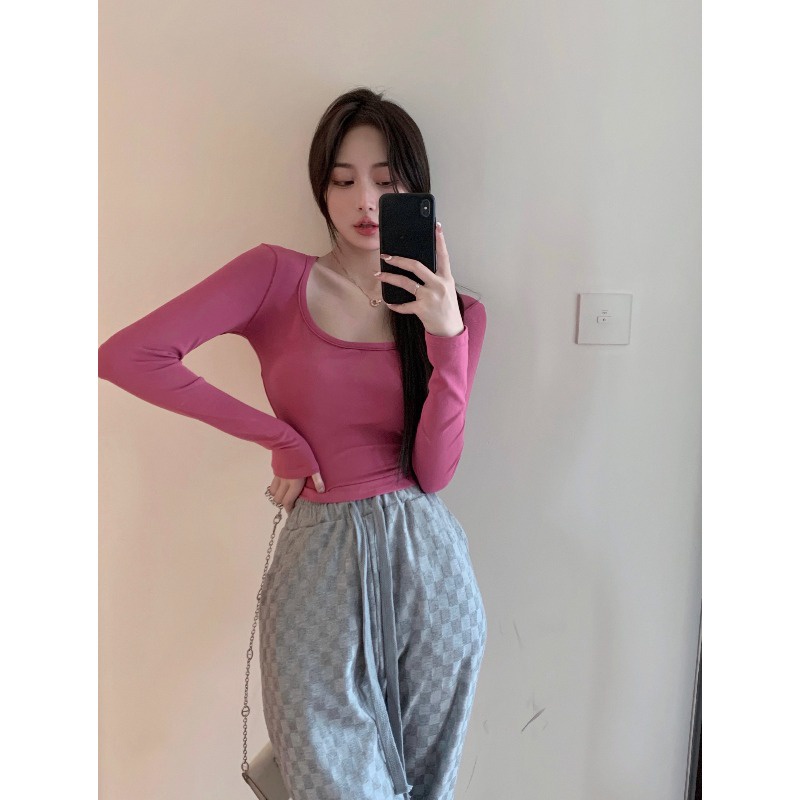 Áo thun COZOK ôm cổ chữ u tay dài màu hồng gợi cảm cho nữ