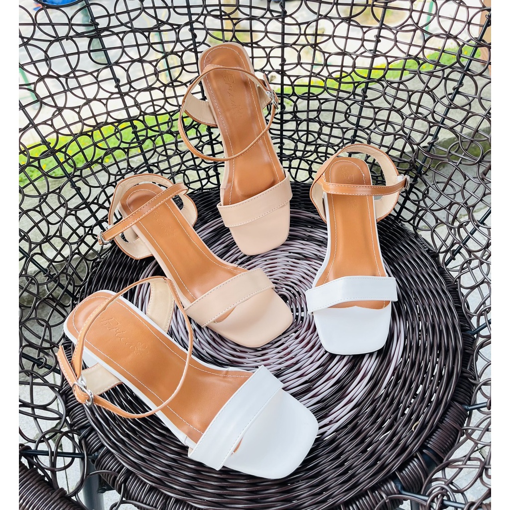 Sandal da mịn quai ngang phối màu kem trắng gót trụ thấp - 3P