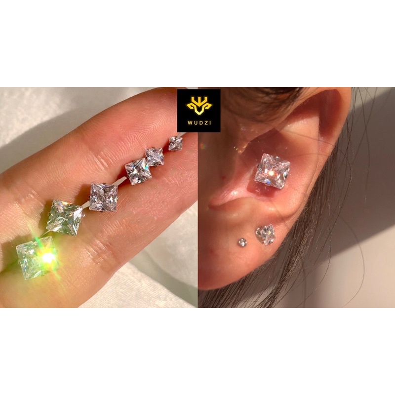 Khuyên tai đính đá vuông nhiều kích thước làm bằng thép titan không gỉ phong cách Đơn giản Thanh lịch dành cho nam và nữ