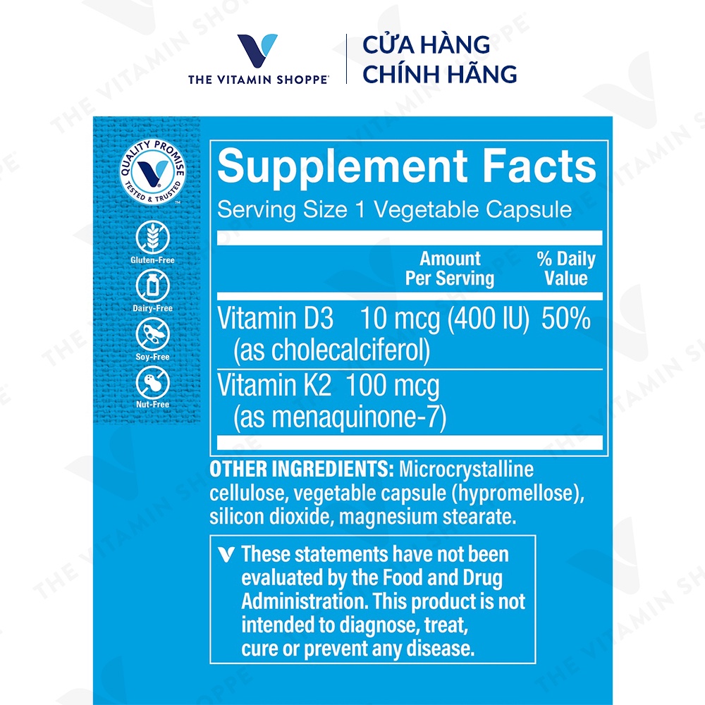 Viên uống bổ sung vitamin D3 và K The Vitamin Shoppe K2 hỗ trợ xương khớp 60/90 viên