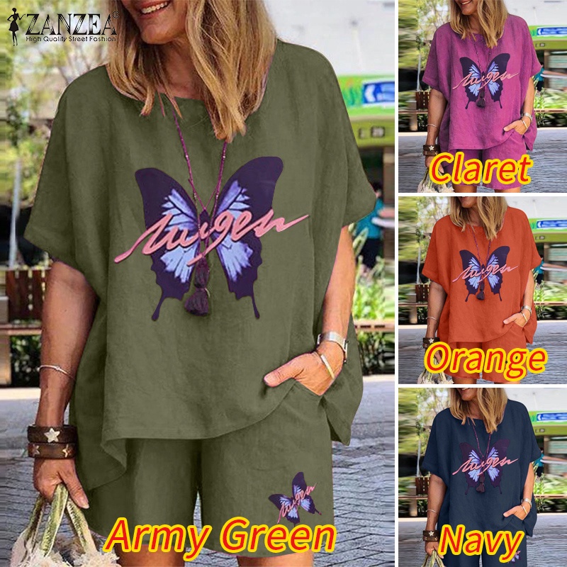 Set đồ hai món ZANZEA gồm áo thun tay ngắn kèm quần short chất liệu cotton thời trang cho nữ
