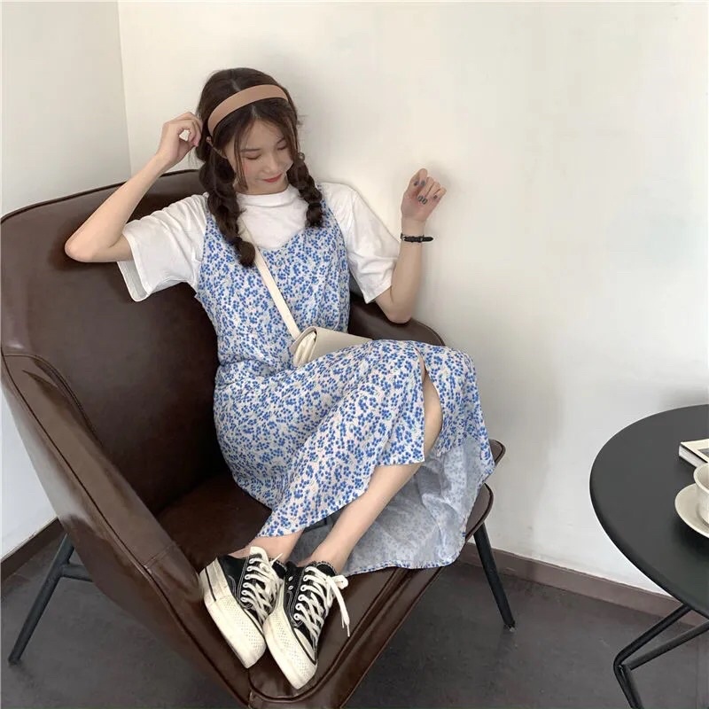 Set Áo Trắng + Váy Maxi Hai Dây Xanh Hoa Nhí Ulzzang Nữ M31