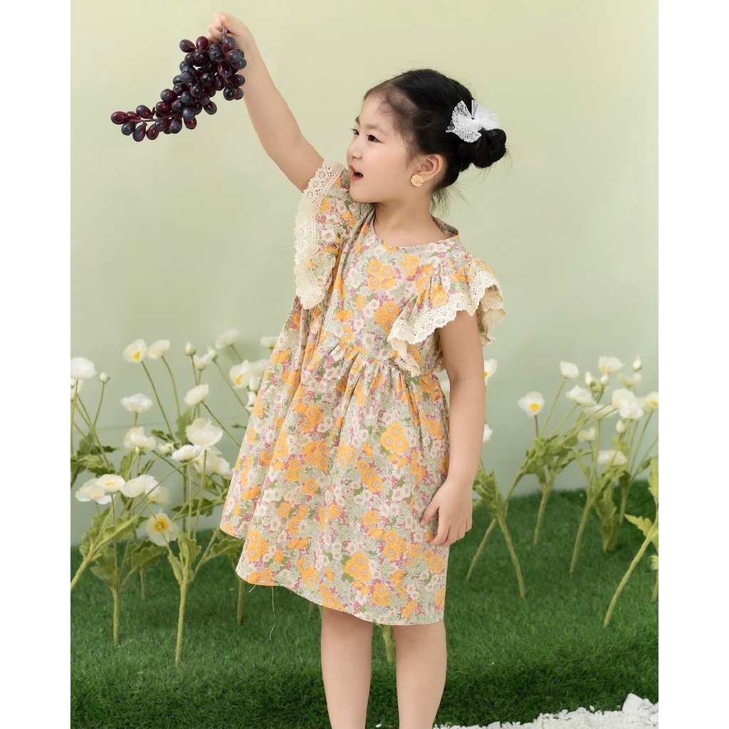 Váy đầm bé gái tay cánh tiên hoa hồng hoa vàng cho trẻ em Opkids Op Kids 1,2,3,4,5,6,7 tuổi