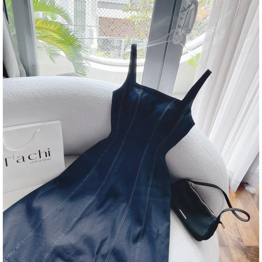 ĐẦM MIDI JEAN 2 DÂY CỔ VUÔNG CHỈ VIỀN