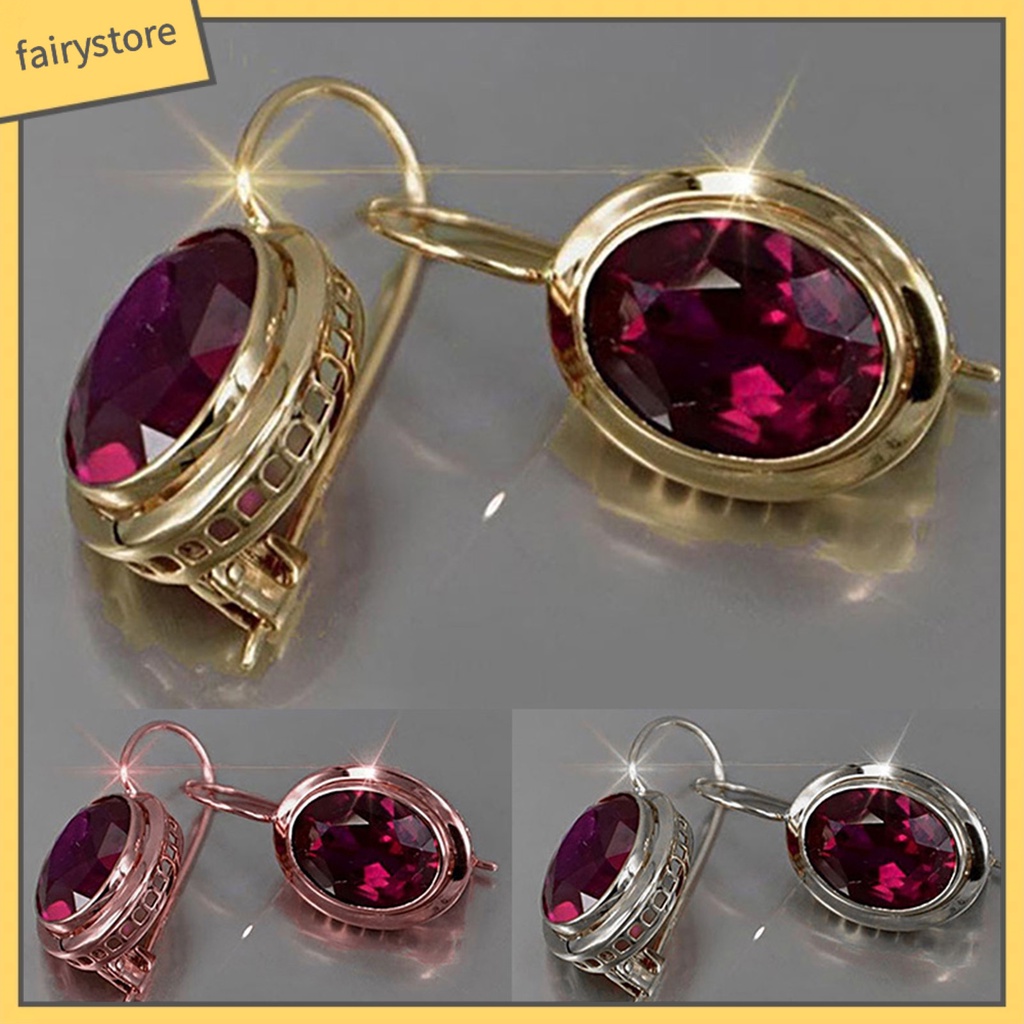 1 Đôi Bông Tai Hợp Kim Đính Đá Hình Oval Màu Đỏ Sáng Bóng Thời Trang Cho Nữ
