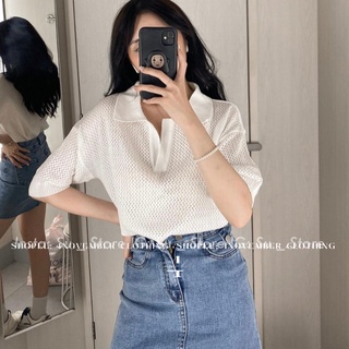 Áo polo lưới chất len cổ chữ V