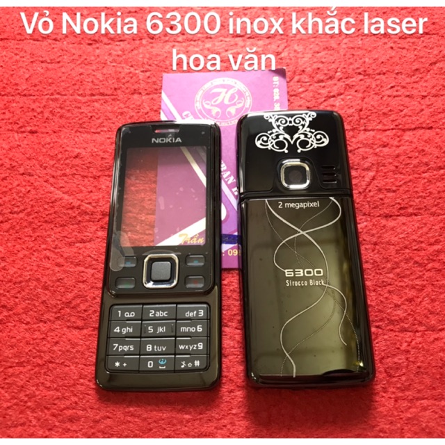 Vỏ Nokia 6300 inox màu đen tuyền sirocco black khắc laser hoa văn bộ(mặt trước,mặt sau,khung sườn và bàn phím)