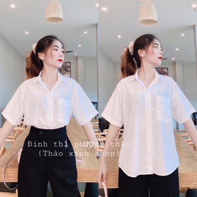 Áo sơmi trắng Oversize trơn tà ngang rộng, túi form vừa tay ngắn (ảnh thật)