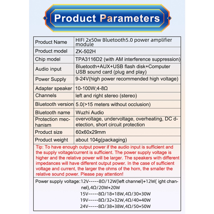 Bảng mạch khuếch đại âm thanh kỹ thuật số Zk-502H Hifi 2.0 50w + 50w Ble 5.0 Tpa3116D2 50wx2 Aux Amp chất lượng cao