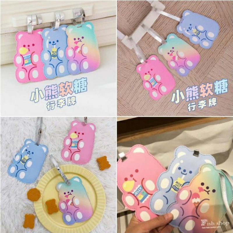 Thẻ tag vali da PU chống thất lạc hành lý du lịch Bentoy Milkjoy gấu Jelly Bean Gummy Bear xanh pastel