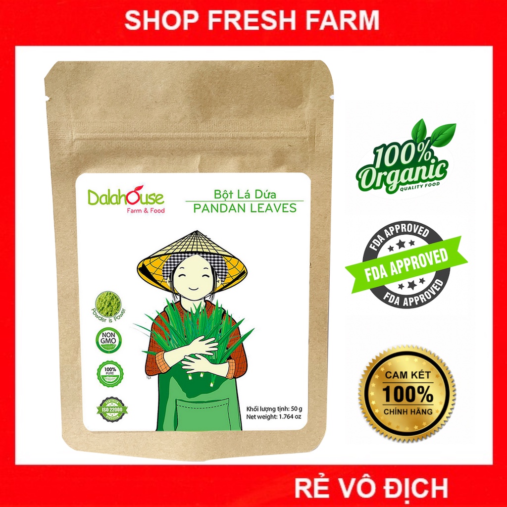 Bột lá dứa nếp nguyên chất sấy lạnh Dalahouse túi 50g giúp tạo màu và mùi tự nhiên cho thực phẩm