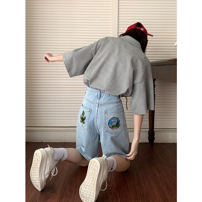 Quần Short denim Dáng Suông Thêu Họa Tiết Kiểu Hàn Quốc Thời Trang Cho Nữ