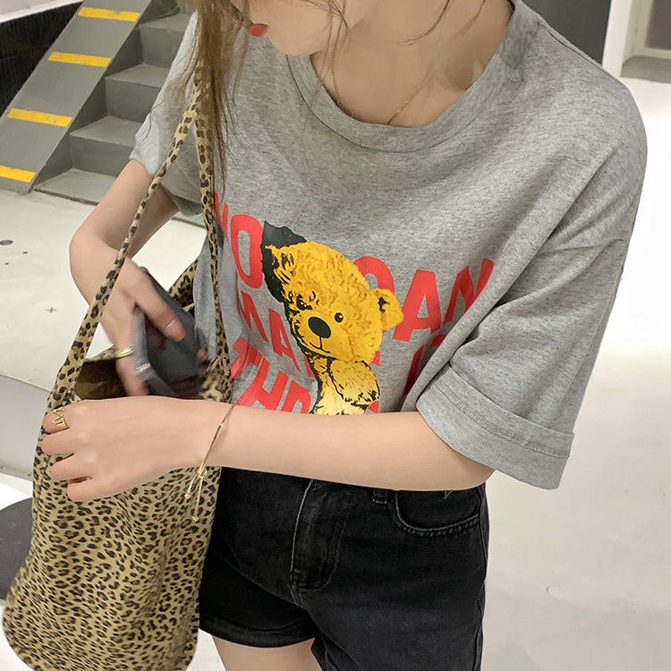 Pure cotton lovers summer 2021 new niche design bear short sleeve T-shirt women's loose and versatile half sleeve fashion