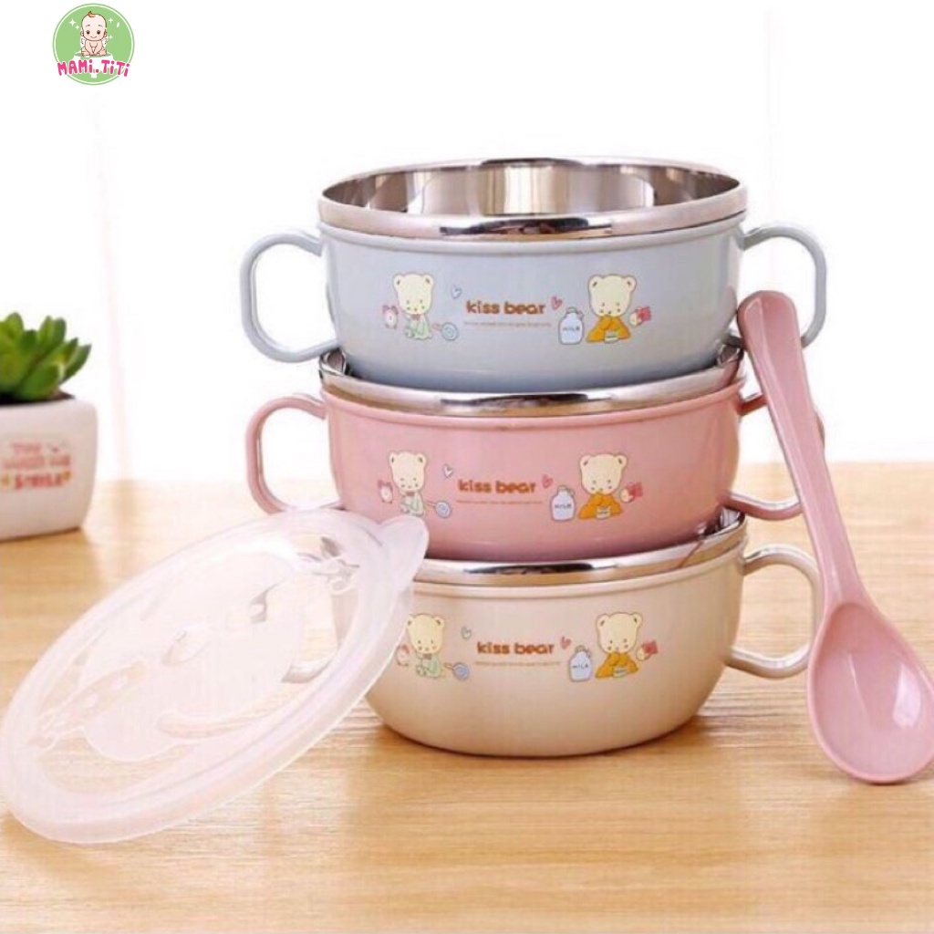 bát ăn dặm lõi inox 304, bát ăn dặm giữ nhiệt kèm thìa cho bé MAMI.TITI