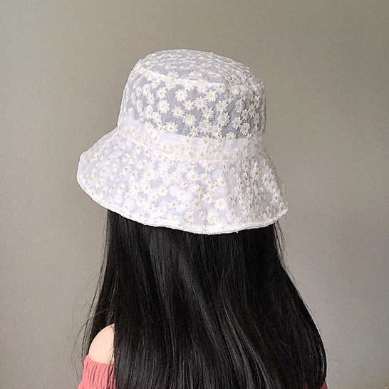 Nón Tai Bèo Phối Ren Mỏng Thêu Hoa Cúc Nhỏ Kiểu Hàn Quốc Thời Trang Mùa Hè Cho Nữ