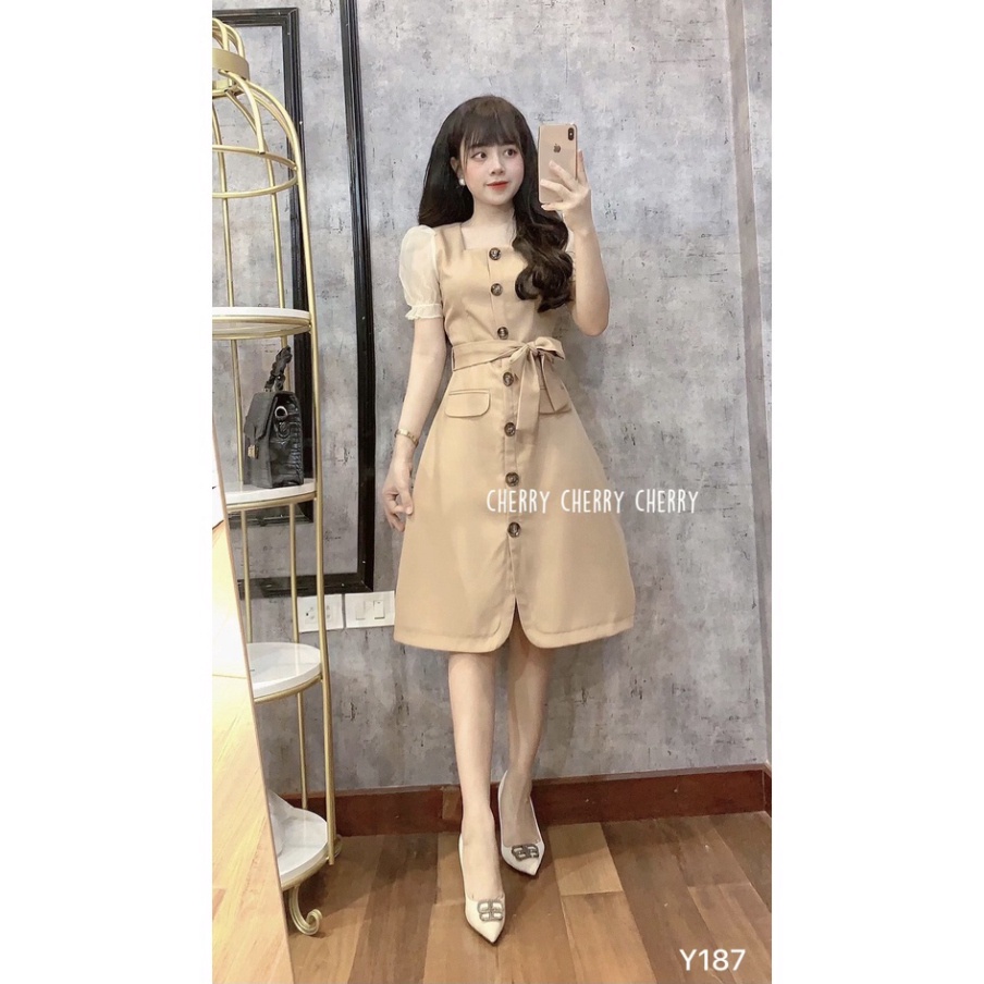 Váy văn phòng đai eo tay phối Y187