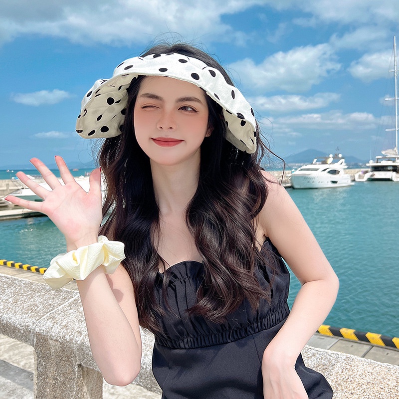 Nón Rộng Vành Hở Đầu Họa Tiết Chấm Bi Có Vành Che Nắng Thời Trang Mùa Hè Cho Nữ
