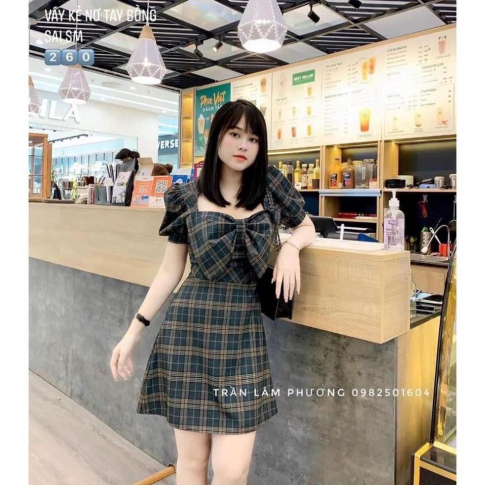 Váy Suông Nữ, Đầm Form Chữ A Thắt Nơ Ngực Họa Tiết Caro, Form Dáng Chuẩn Tôn Dáng, Chấ Vải Cao Cấp Phong Cách Han Quốc T