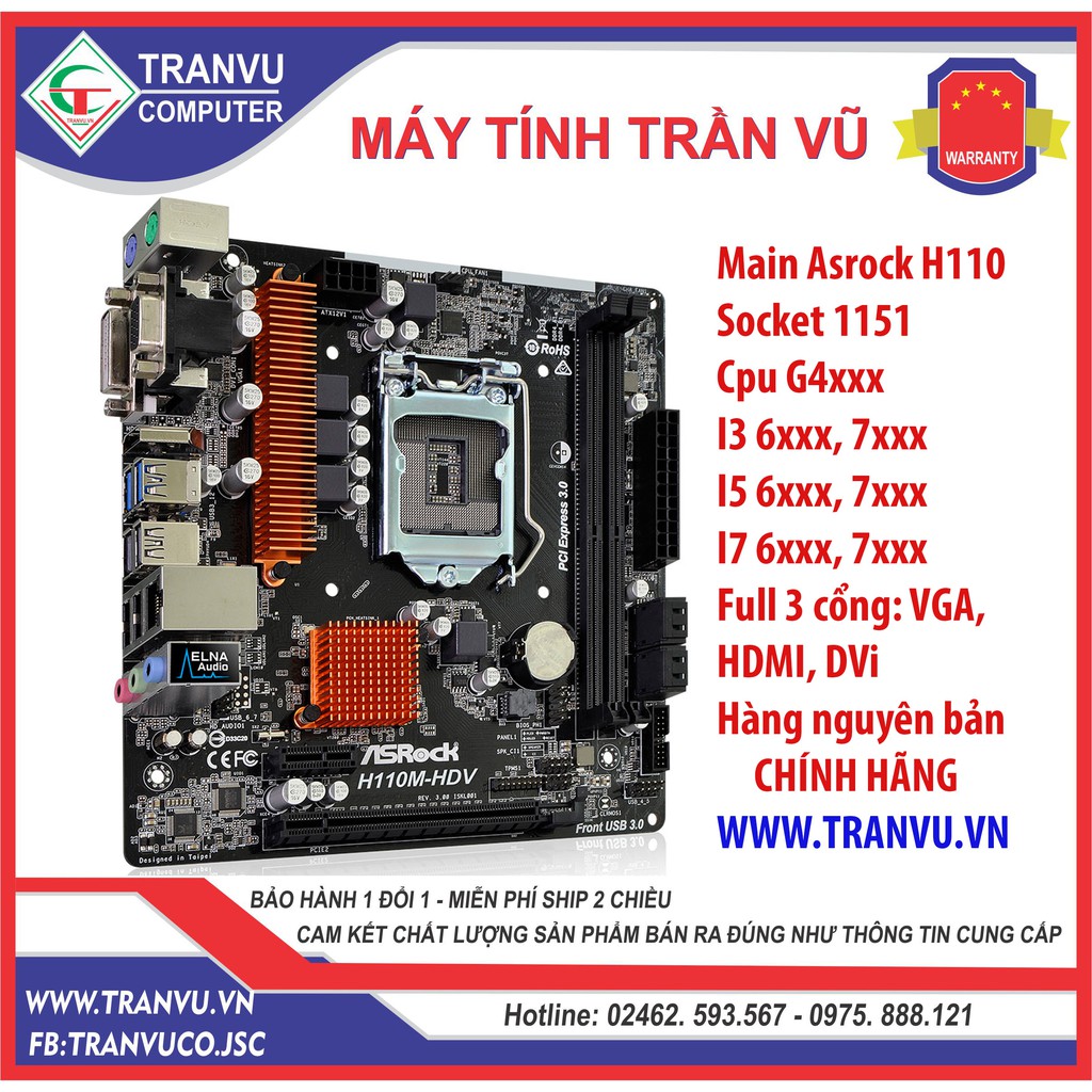 Main Asrock H110 chính hãng full 3 cổng VGA, HDMI, DVI