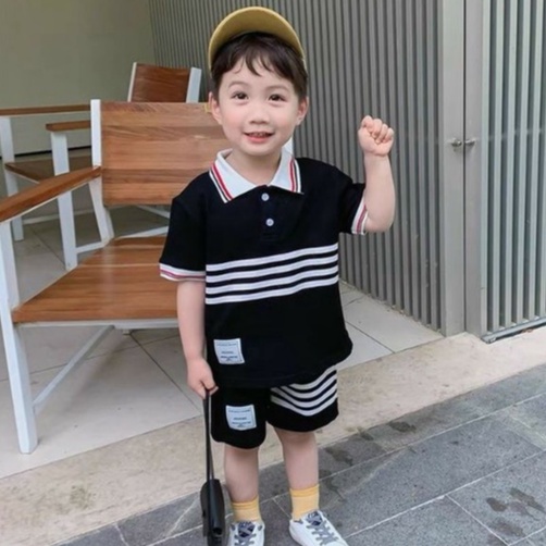 Bộ quần áo bé trai thun cotton 4 vạch kẻ ngang, Set bộ áo Polo tay ngắn và quần short cho bé từ 7 đến 18 kg, DUCK306