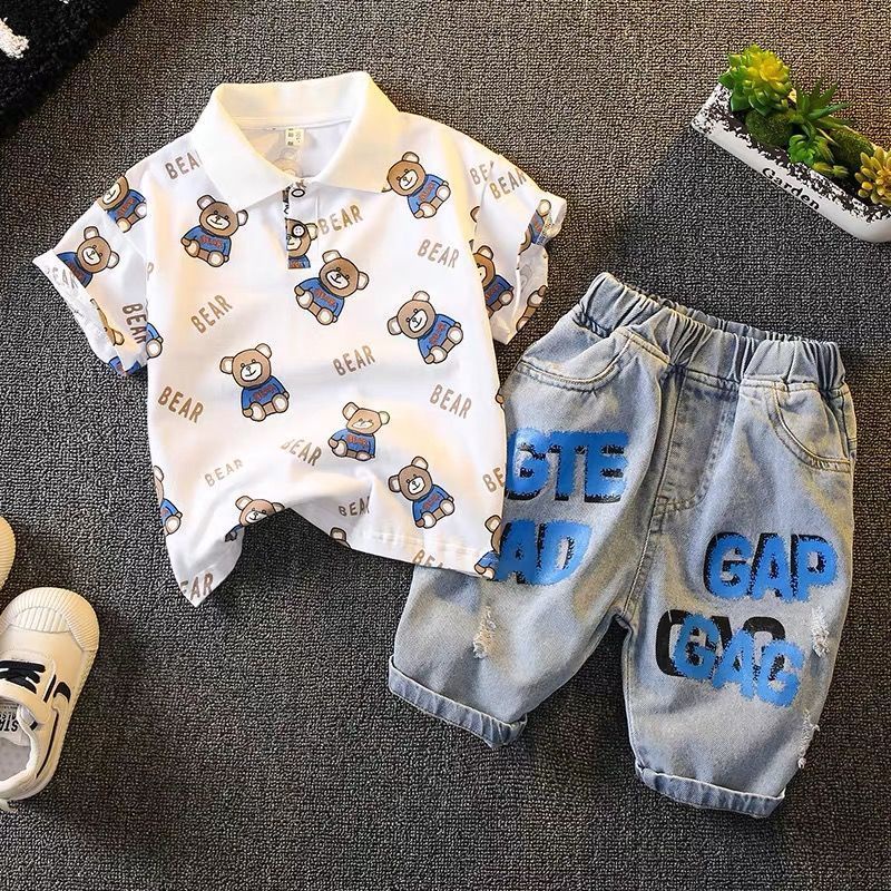 Áo polo 100% Cotton Tay Ngắn In Hình Gấu Hoạt Hình Dành Cho Bé Trai