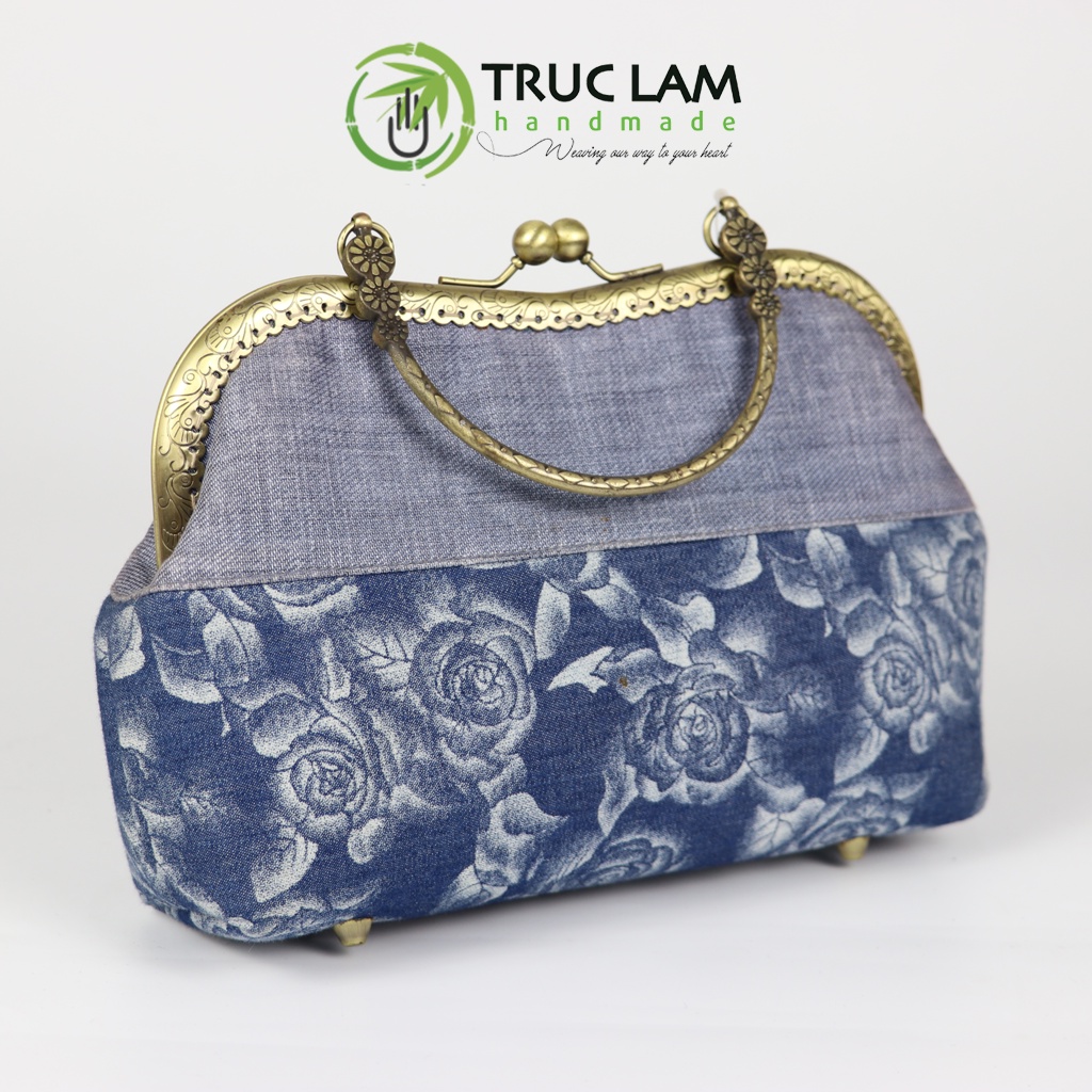 Túi Xách Tay Đeo Chéo Thời Trang Nữ Vải Denim Khóa Nẹp Đồng Họa Tiết Hoa - Trúc Lâm Handmade