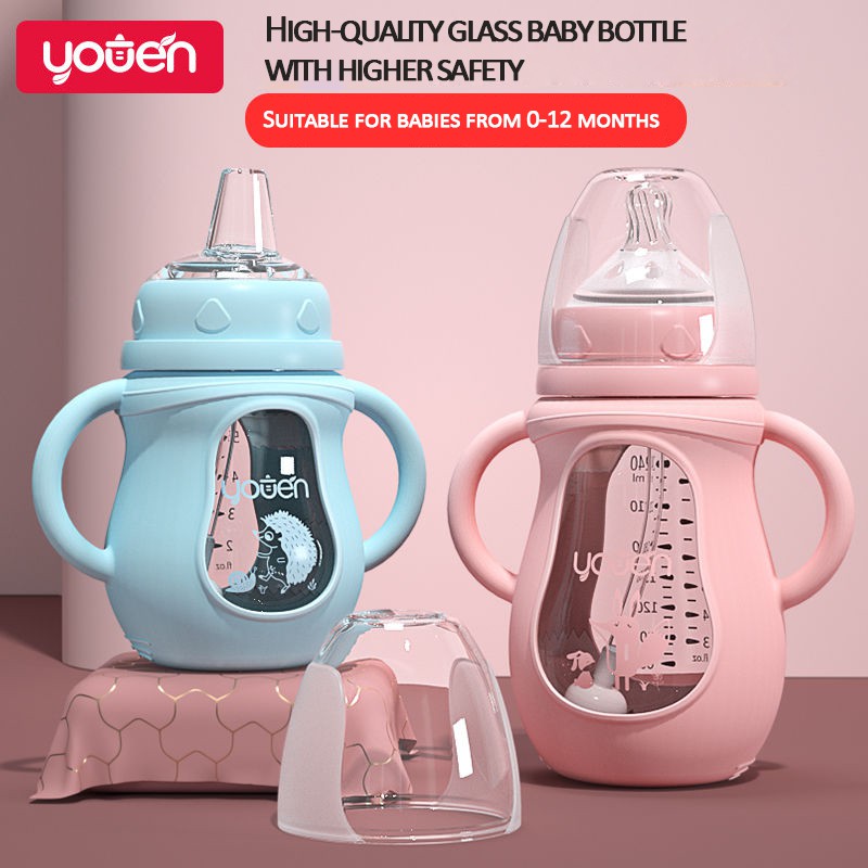 Bình sữa YOUEN bằng thủy tinh dung tích 150/240ml rộng 5cm phù hợp cho bé 0-12 tháng tuổi