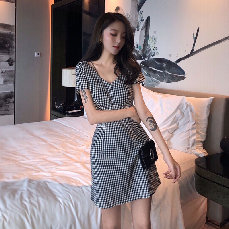 Đầm Tay Ngắn Họa Tiết Sọc Caro Cổ Điển Thời Trang Cho Nữ | BigBuy360 - bigbuy360.vn