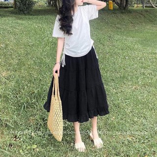 Set áo trắng chân váy đen xếp ly<freeship> Set áo rút eo mix chân váy đũi nhăn xoè 3 tầng