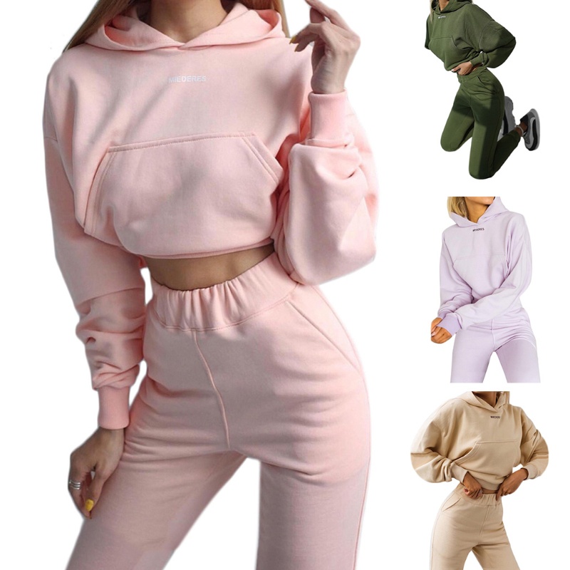 Set Đồ Thể Thao 2 Món Áo Croptop Tay Dài Có Nón Và Quần Dài Lưng Cao Màu Trơn Có Túi Thời Trang Mùa Đông Cho Nữ
