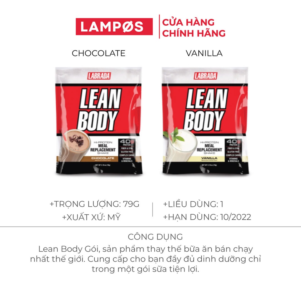 Labrada Lean Body Gói, Sữa Thay Thế Bữa Ăn, 40g Protein Whey Blend, 8G Chất Béo Tốt & Chất Xơ, 22 Vitamin & Khoáng Chất