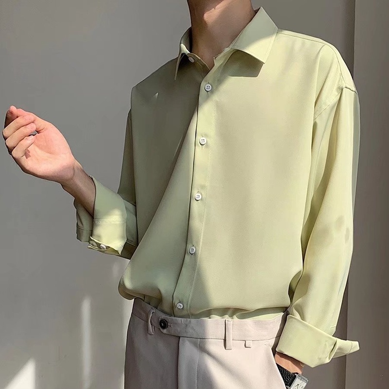 Áo Sơ Mi Lụa Tay Dài Màu Xanh Bạc Hà Phong Cách Thời Trang Đơn Giản Cho Nam Giới Size M-2XL