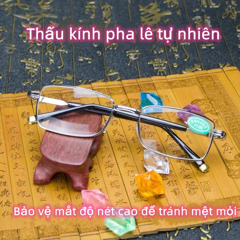 Gọng kính lão-viễn thị,thấu kính pha lê đọc sách unisex +1,2,3,4 độ thiết kế gấp gọn tặng kèm bao da và khăn lau cao cấp