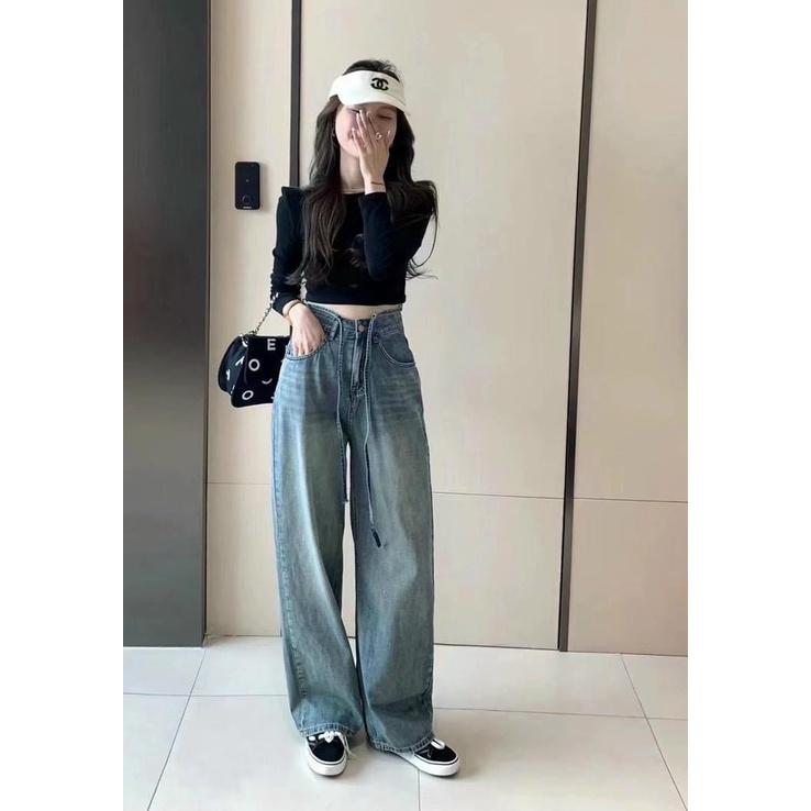 Quần jeans nữ lưng cao ống rộng phối dây rút kiểu, quần xuông trơn rút dây eo cá tính