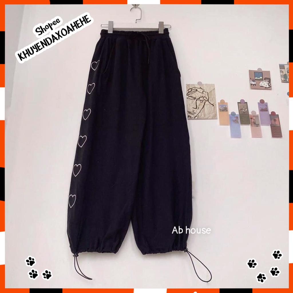 Q011 Quần Jogger đen trắng ưng cao dọc tim cỡ rộng unisex, Quần dài ống bom dây rút nam nữ thể thao cá tính hè thu đông