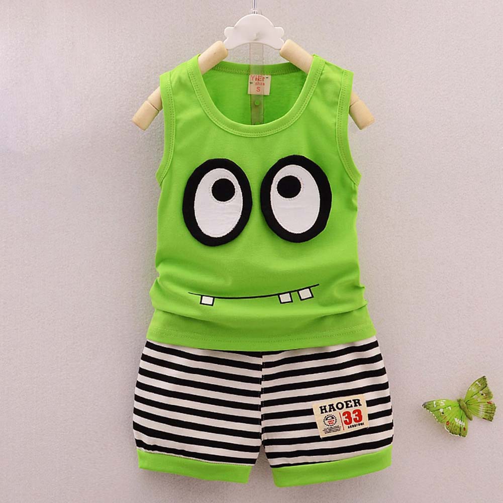 Set áo không tay họa tiết hoạt hình kèm quần phối sọc ngang dễ thương cho bé