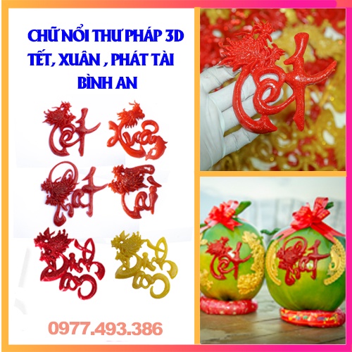 Chữ nổi thư pháp 3D- TẾT, XUÂN, BÌNH AN, PHÁT, TÀI,[Trang trí dưa, dừa bưởi thư pháp ngày tết]ThanghaCalligraphy