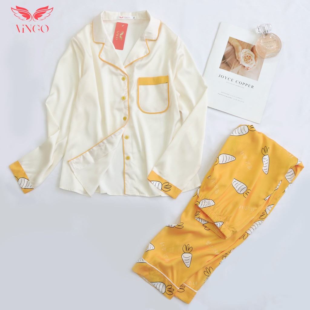 VINGO Đồ Bộ Mặc Nhà Nữ Tay Dài Quần Dài Lụa Pháp Kiểu Pijama Cao Cấp Áo Trắng Quần Vàng H240 VNGO