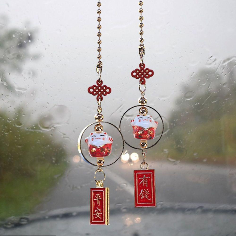 Mặt Dây Chuyền Hình Mèo May Mắn Bằng Gốm Trang Trí Gương Chiếu Hậu Xe Hơi