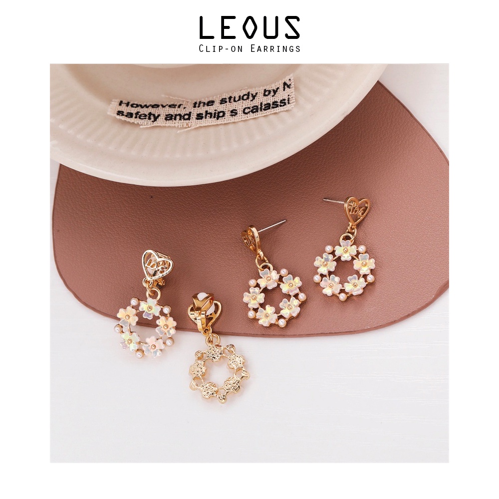 Khuyên tai kẹp không bấm lỗ chốt cố định K066 bằng hợp kim mạ vàng hình tròn bông hoa đính hạt trai dáng midi Leous