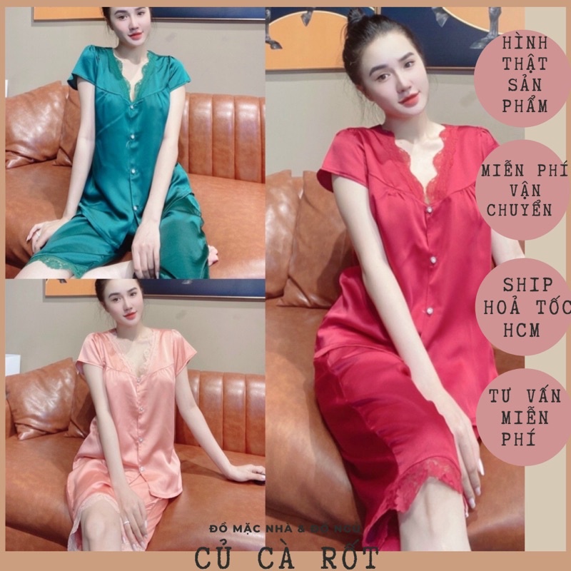 🔥HOT🔥 Bộ lụa lửng mặc nhà tay ngắn cổ v viền ren lụa satin siêu đẹp