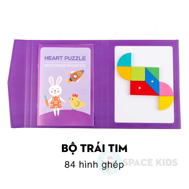 Đồ chơi trí tuệ cho bé Xếp hình gỗ Tangram nam châm có kèm sách, đồ chơi gỗ thông minh montessori