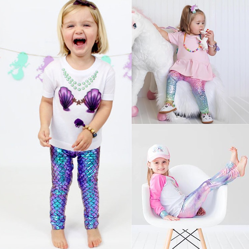 Quần legging họa tiết kỳ lân hoạt hình màu cầu vồng xinh xắn dành cho bé gái