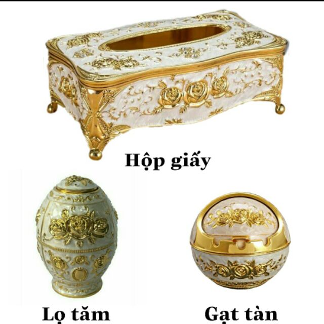 Bộ sản phẩm hộp giấy, lọ tăm, gạt tàn hoàng gia hợp kim màu vàng HGVB3