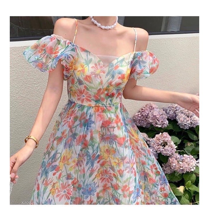 Đầm maxi hoa, váy maxi đi biển rớt vai kèm hình thật